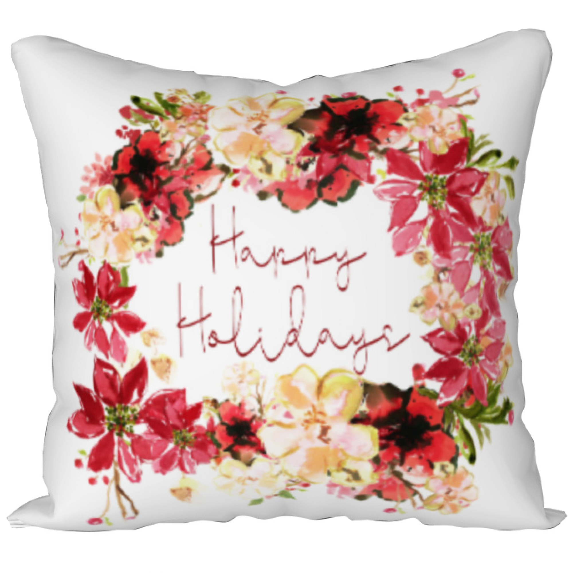 Pretty poinsettias and beige flowers surround the words "Happy Holidays" on this square pillow.  The image is printed on a white background. Perfect for a bedroom, a living room, a soft plush chair or anywhere you might want a pop of holiday cheer!