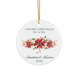 Ceramic Ornament - First Christmas as Mr and Mrs Married - Floral Wreath