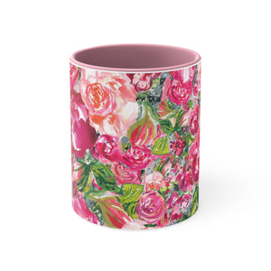 Beautiful Roses Coffee Mug in either Pink or Red Handle Interior Accents, 11oz