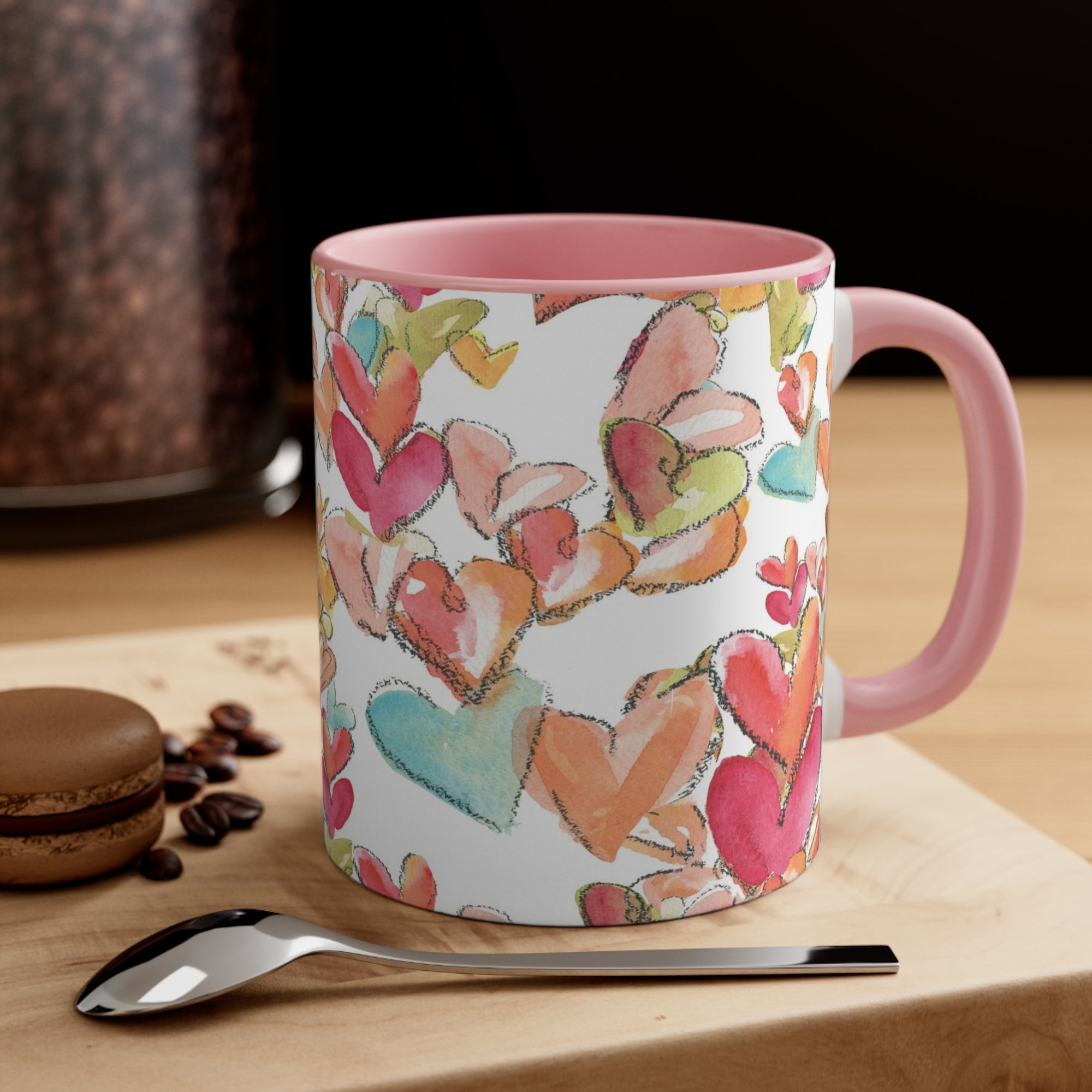 Valentine Accent Coffee Mug, 11oz | Valentine Office Gift | Watercolor Hearts on Mugs