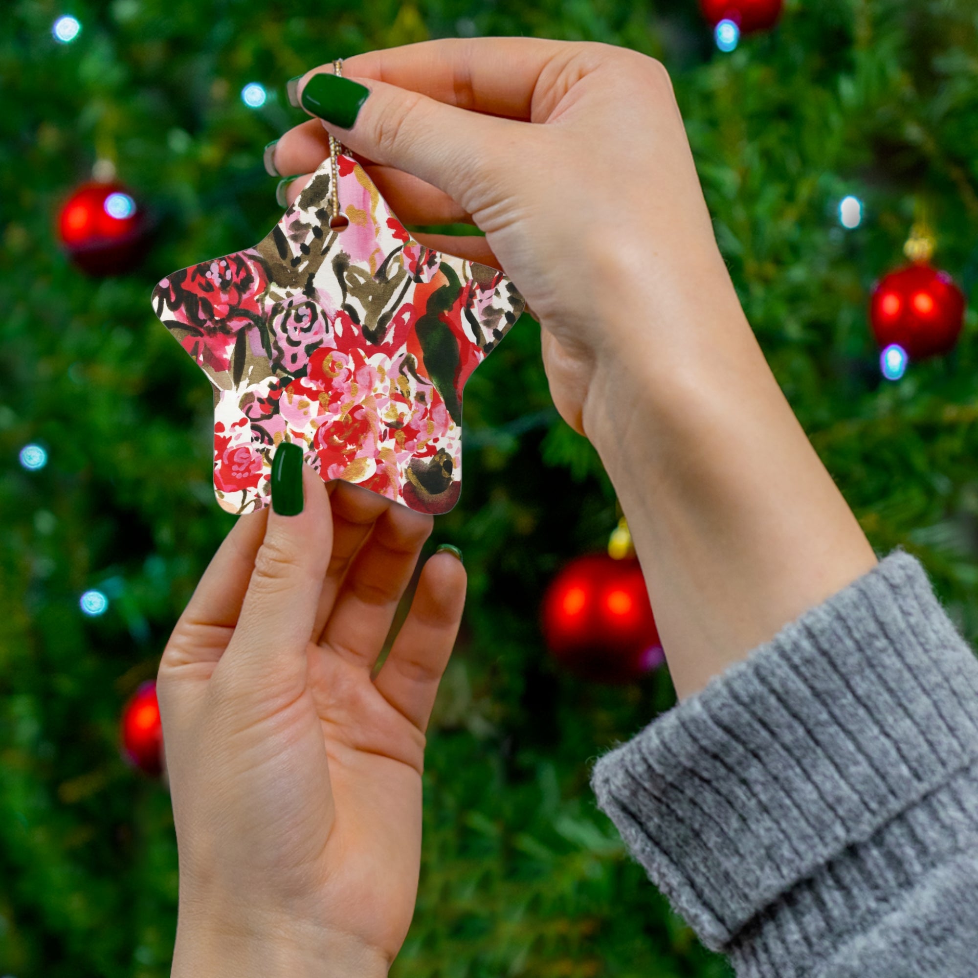 Star Christmas Ornament | Red Holiday Decor | Red Ornaments | Pink Tree | Art for Christmas