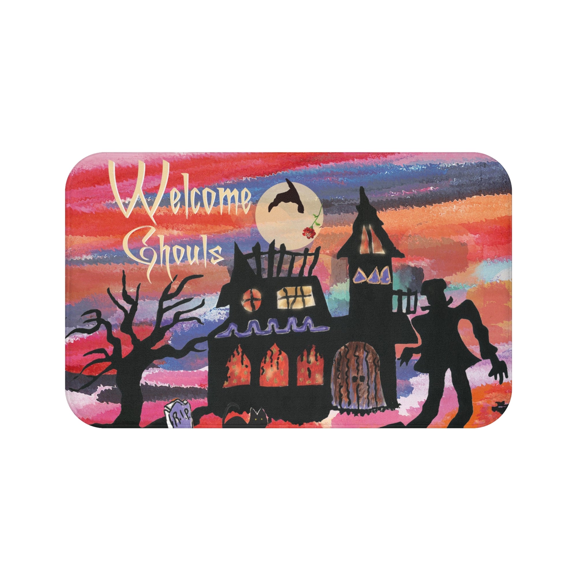 Haunted House with Monster, Spooky Sunset, Welcoming Ghouls, A Witch Hat Flying Over the Moon, There is a RIP Tombstone