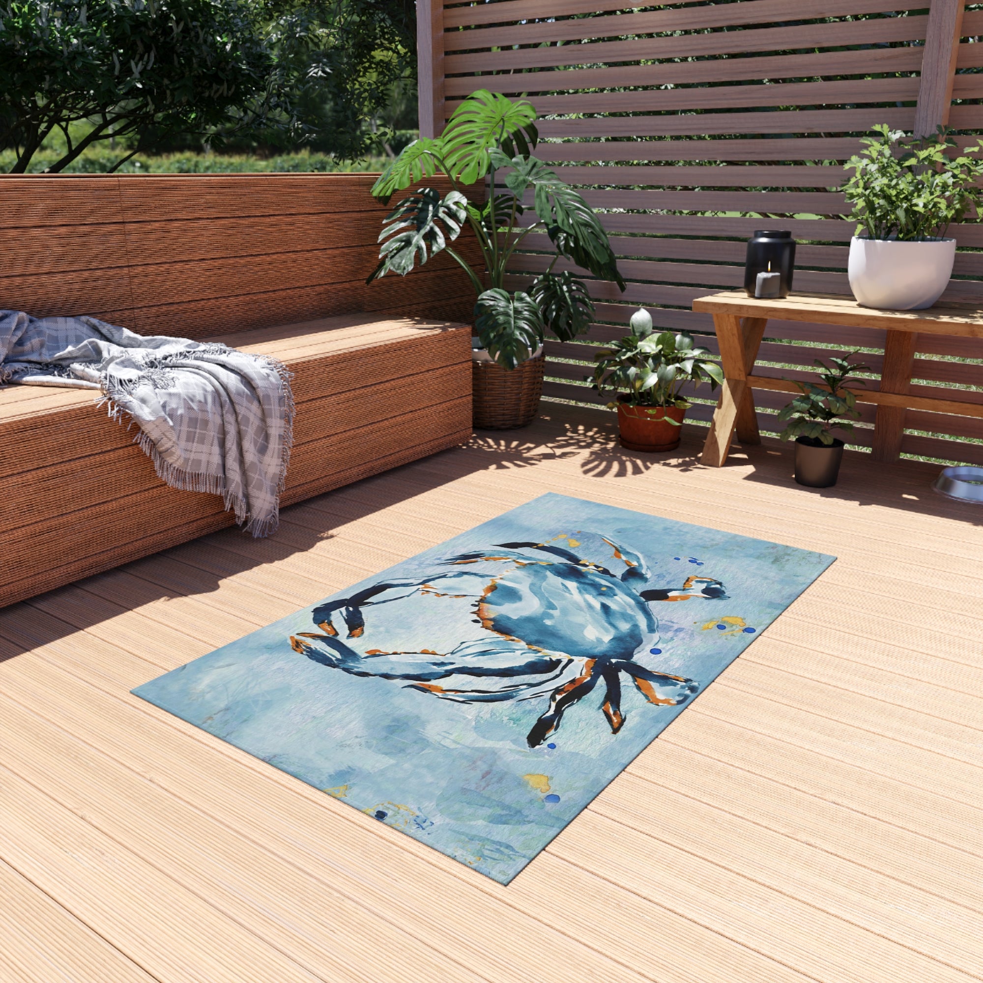 Beach Sealife Outdoor Rug | Blue Ocean Crab Rug for Outdoors | Outdoor Polyester Chenille Rug |