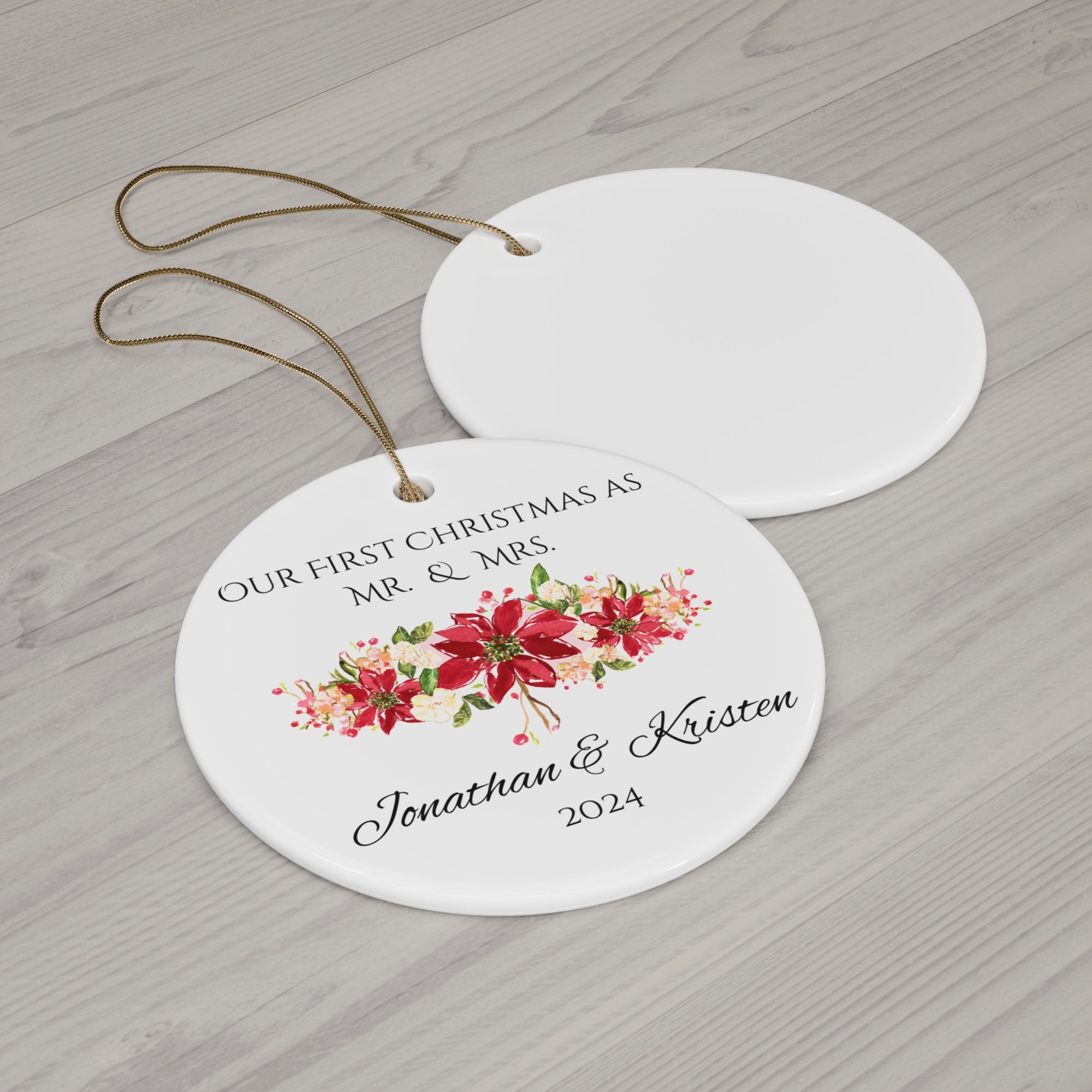 Married First Christmas Personalized Round Ornament | Watercolor Artwork Ornament | Floral Christmas Ornament