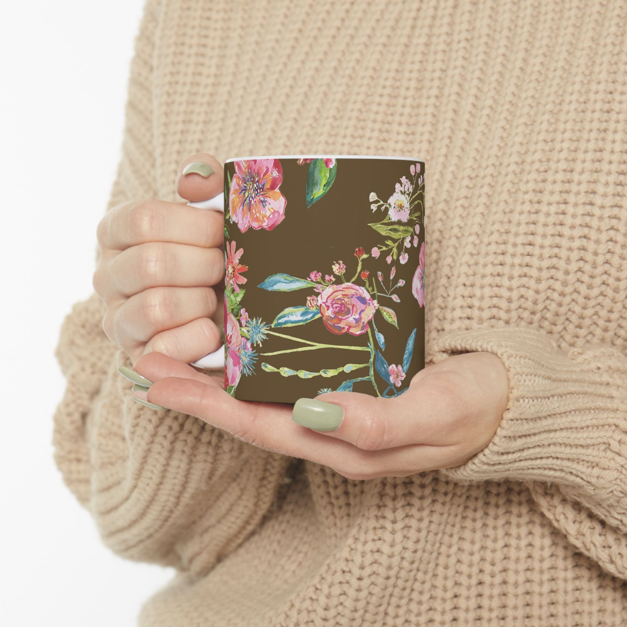 Coffee Mug Floral Ceramic 11 ounce Mug| | Wildflower Mug | Festive Mug | Drink Dinnerware | Coffee Mug | Brown Everyday