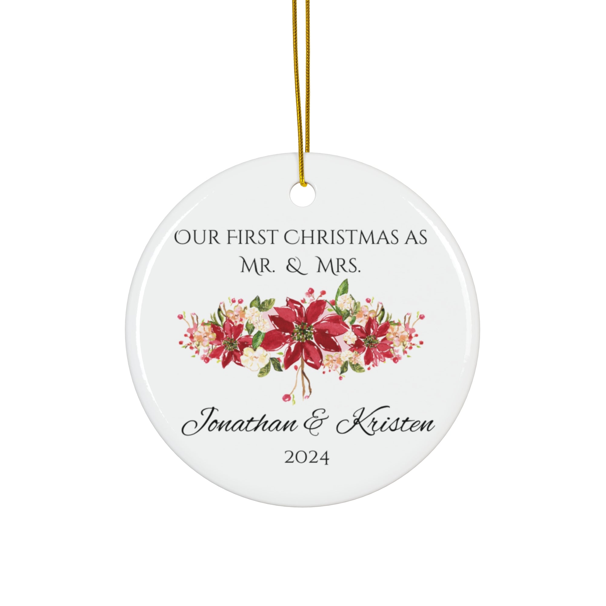 Married First Christmas Personalized Round Ornament | Watercolor Artwork Ornament | Floral Christmas Ornament