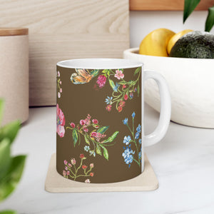 Coffee Mug Floral Ceramic 11 ounce Mug| | Wildflower Mug | Festive Mug | Drink Dinnerware | Coffee Mug | Brown Everyday