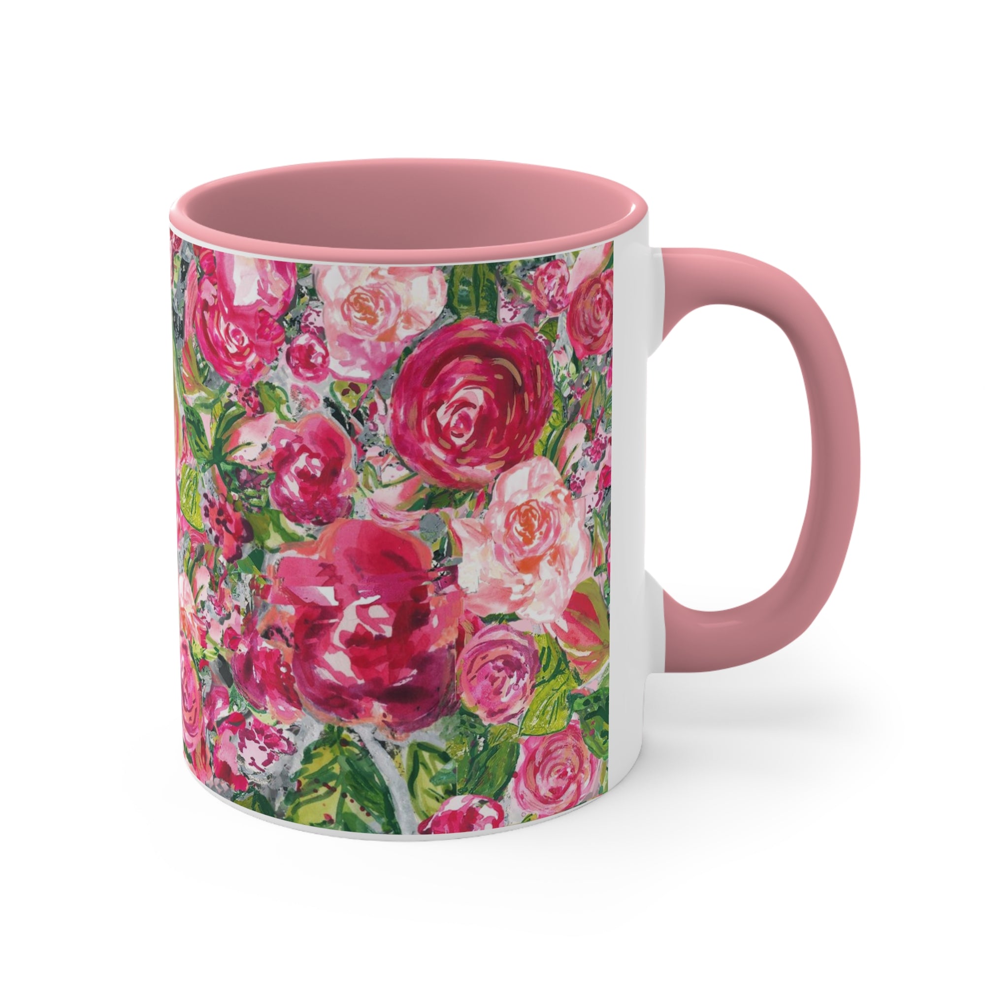 Beautiful Roses Coffee Mug in either Pink or Red Handle Interior Accents, 11oz