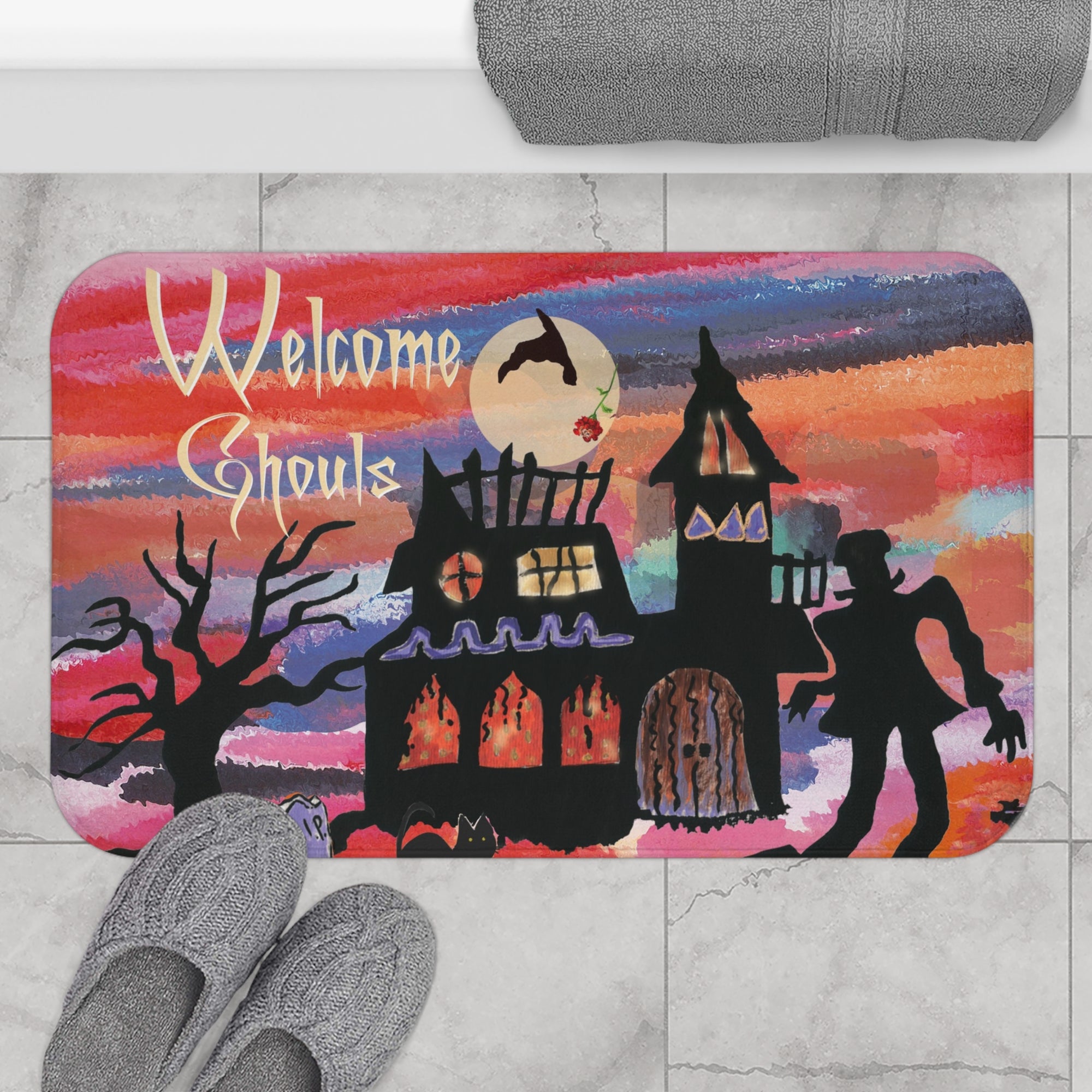 Haunted House with Monster, Spooky Sunset, Welcoming Ghouls, A Witch Hat Flying Over the Moon, There is a RIP Tombstone