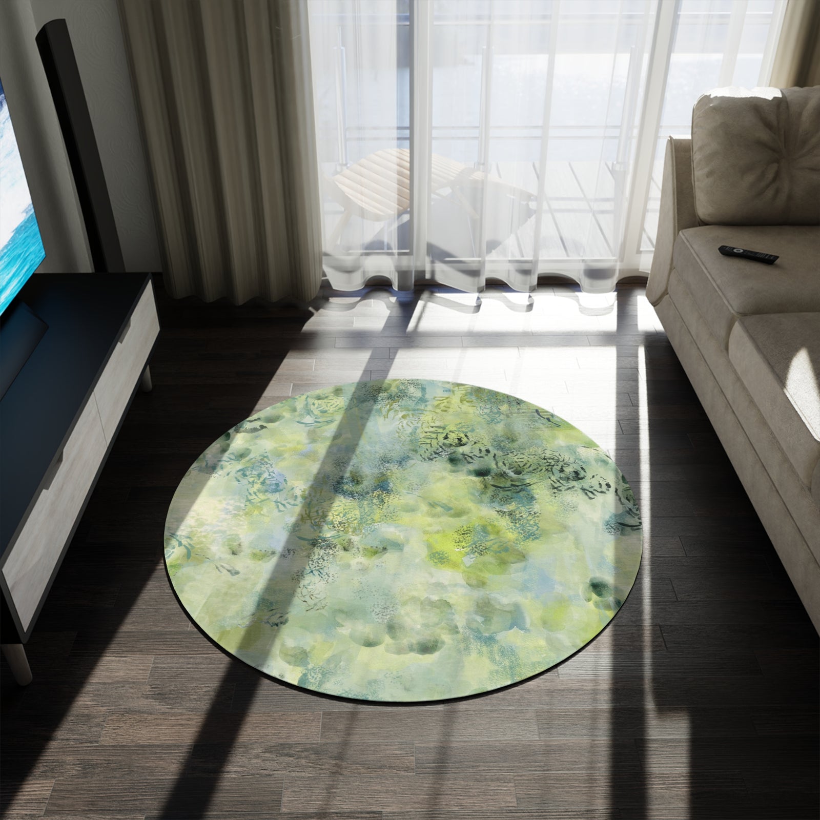 Abstract Aqua Floral Round Rug – Green Blue Watercolor Area Accent Mat