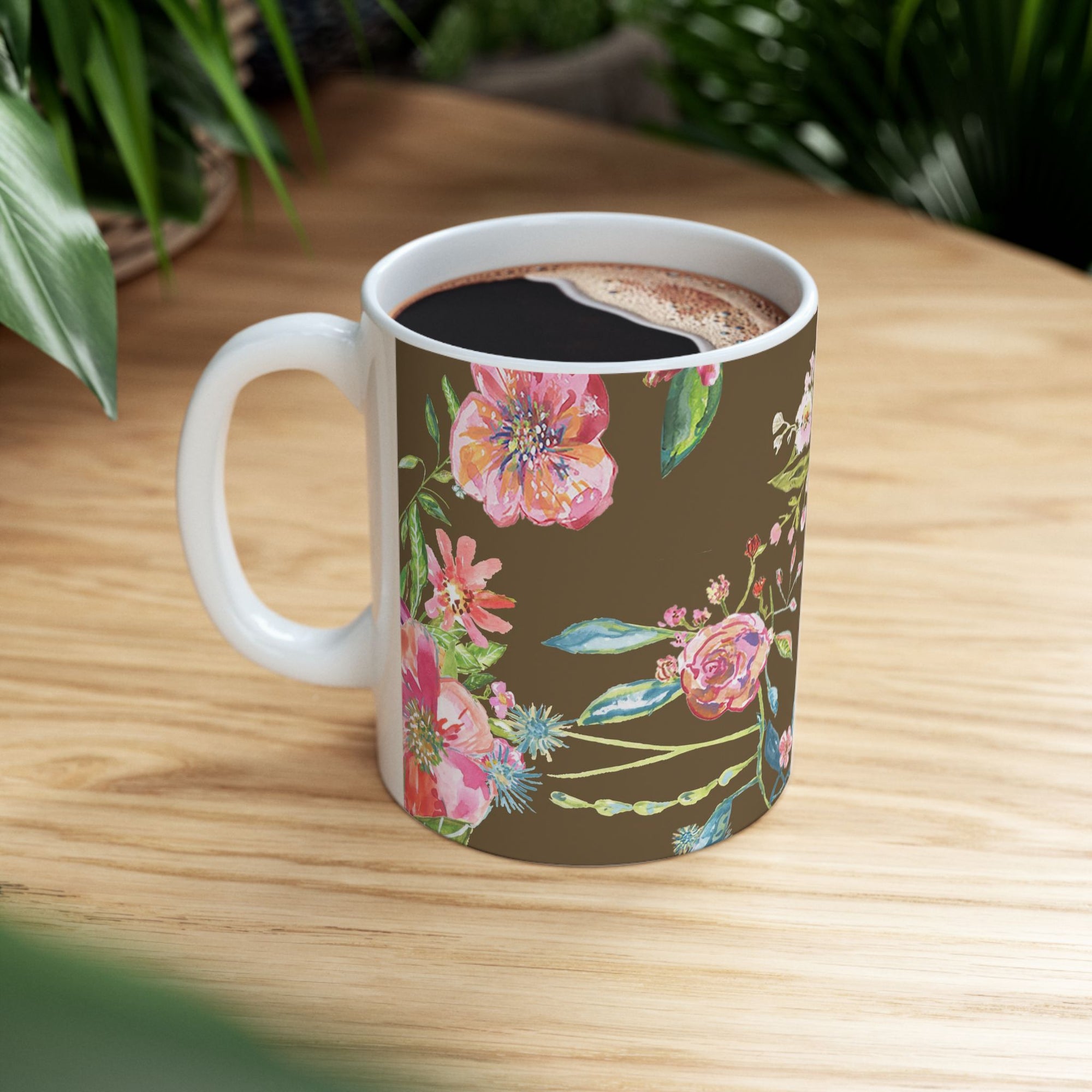 Coffee Mug Floral Ceramic 11 ounce Mug| | Wildflower Mug | Festive Mug | Drink Dinnerware | Coffee Mug | Brown Everyday