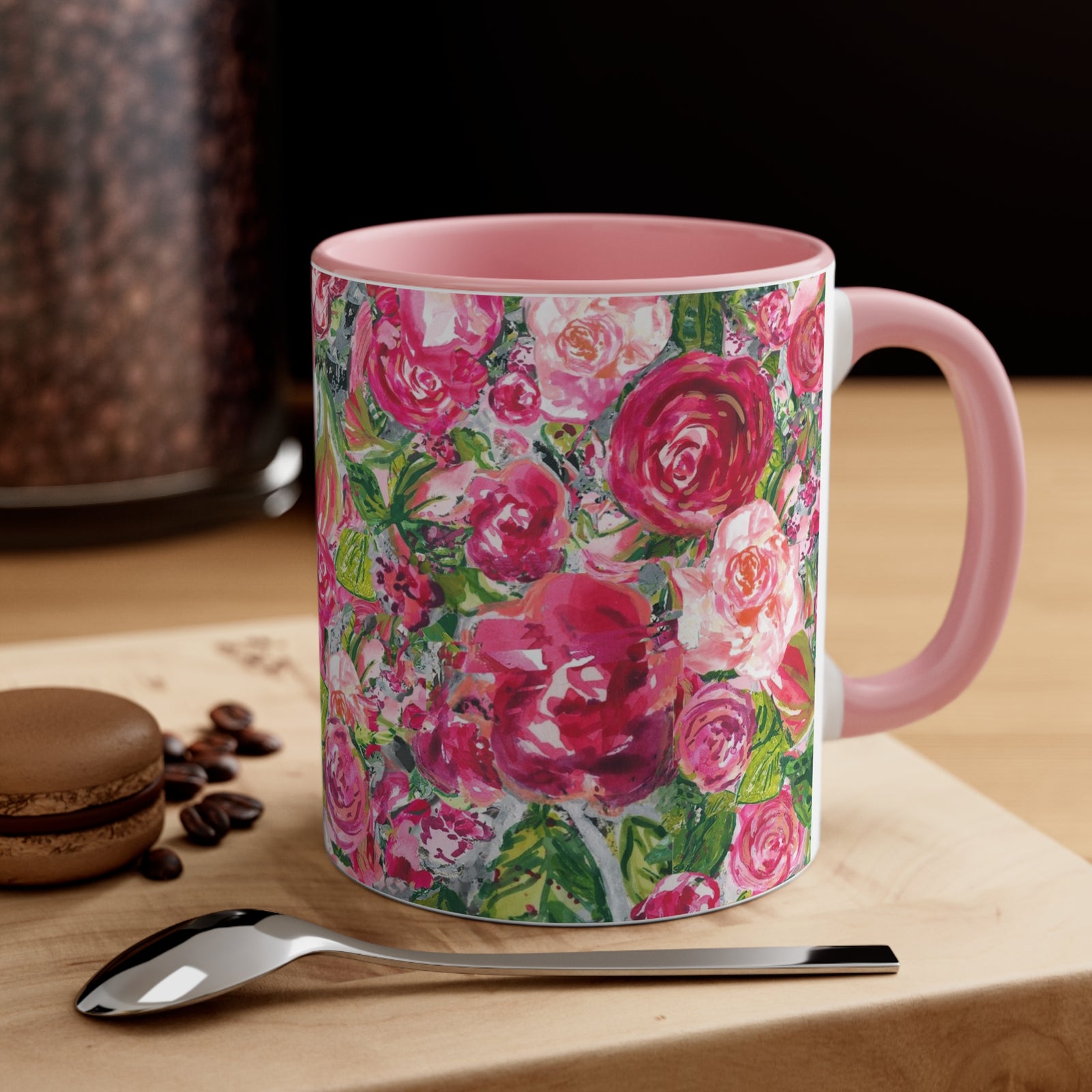 Beautiful Roses Coffee Mug in either Pink or Red Handle Interior Accents, 11oz
