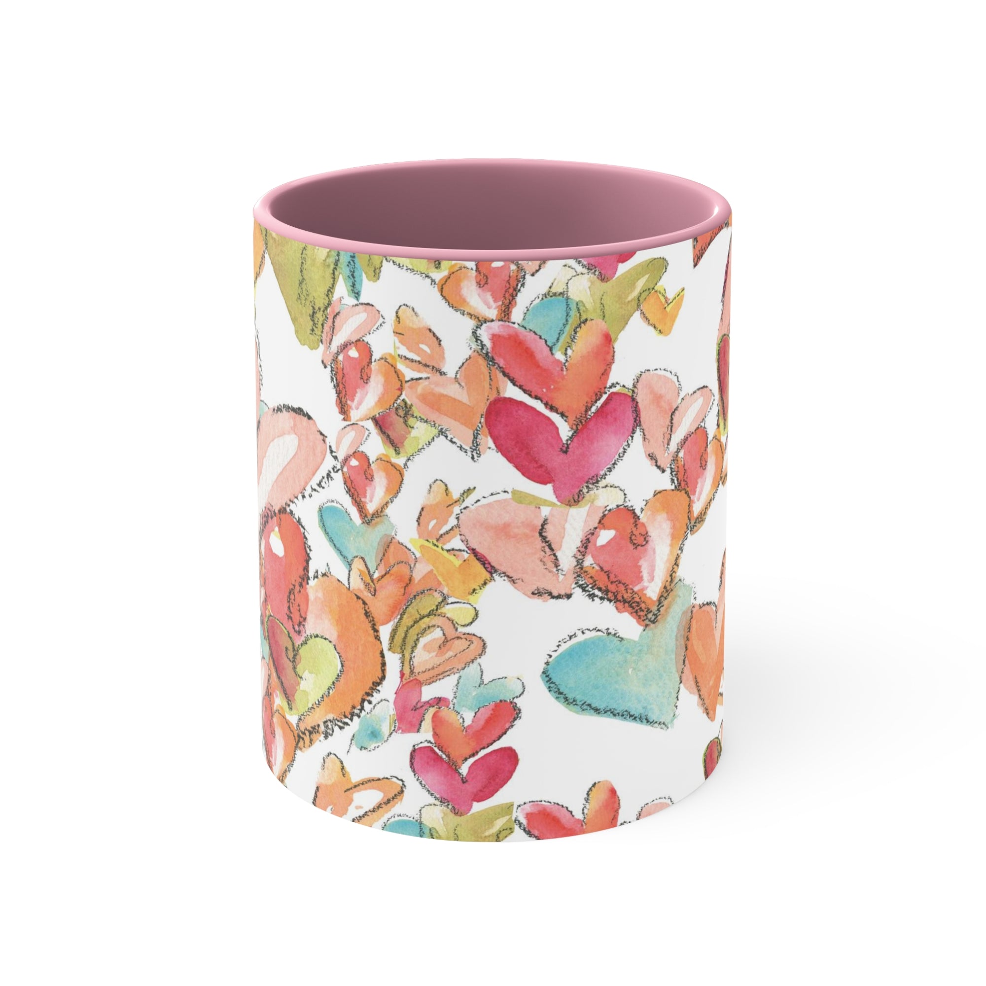 Valentine Accent Coffee Mug, 11oz | Valentine Office Gift | Watercolor Hearts on Mugs