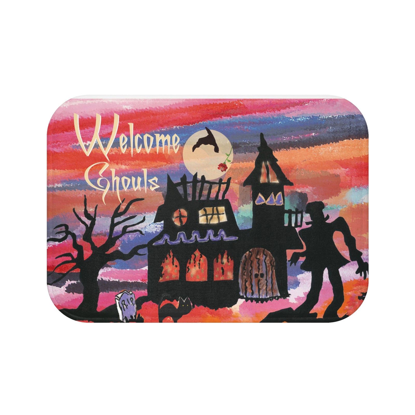 Haunted House with Monster, Spooky Sunset, Welcoming Ghouls, A Witch Hat Flying Over the Moon, There is a RIP Tombstone