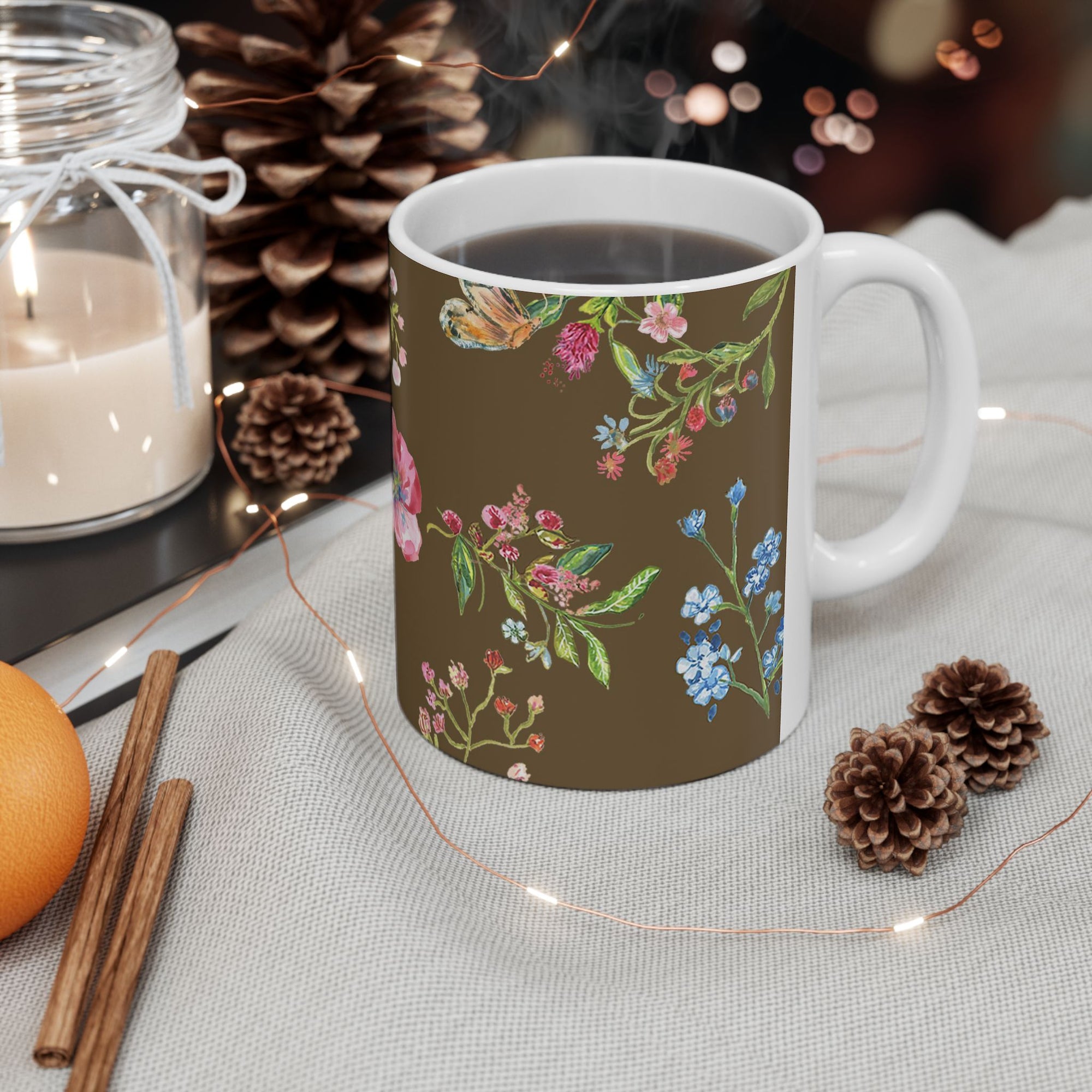 Coffee Mug Floral Ceramic 11 ounce Mug| | Wildflower Mug | Festive Mug | Drink Dinnerware | Coffee Mug | Brown Everyday