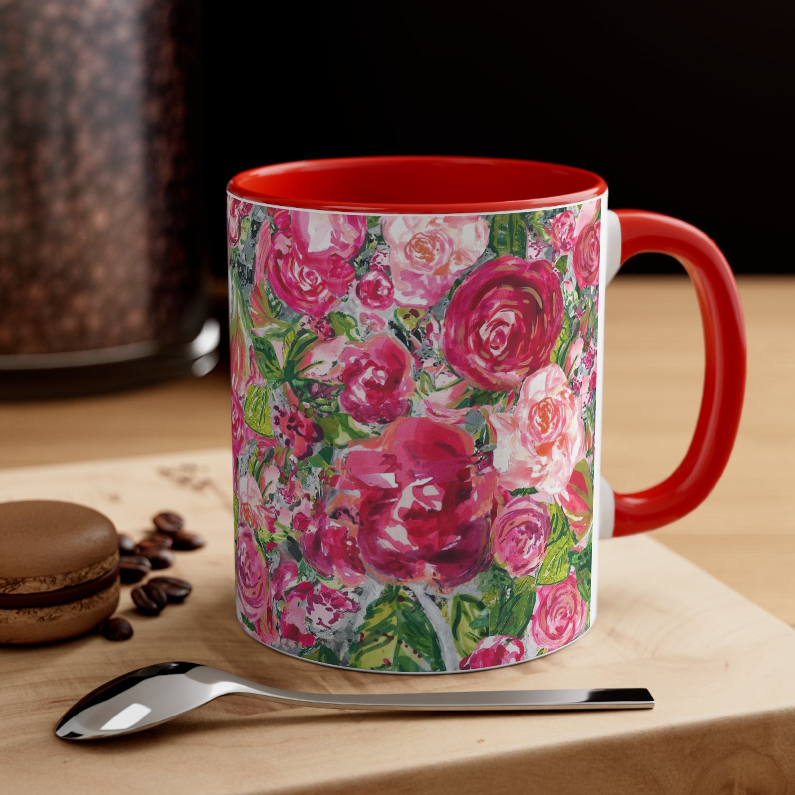 Beautiful Roses Coffee Mug in either Pink or Red Handle Interior Accents, 11oz
