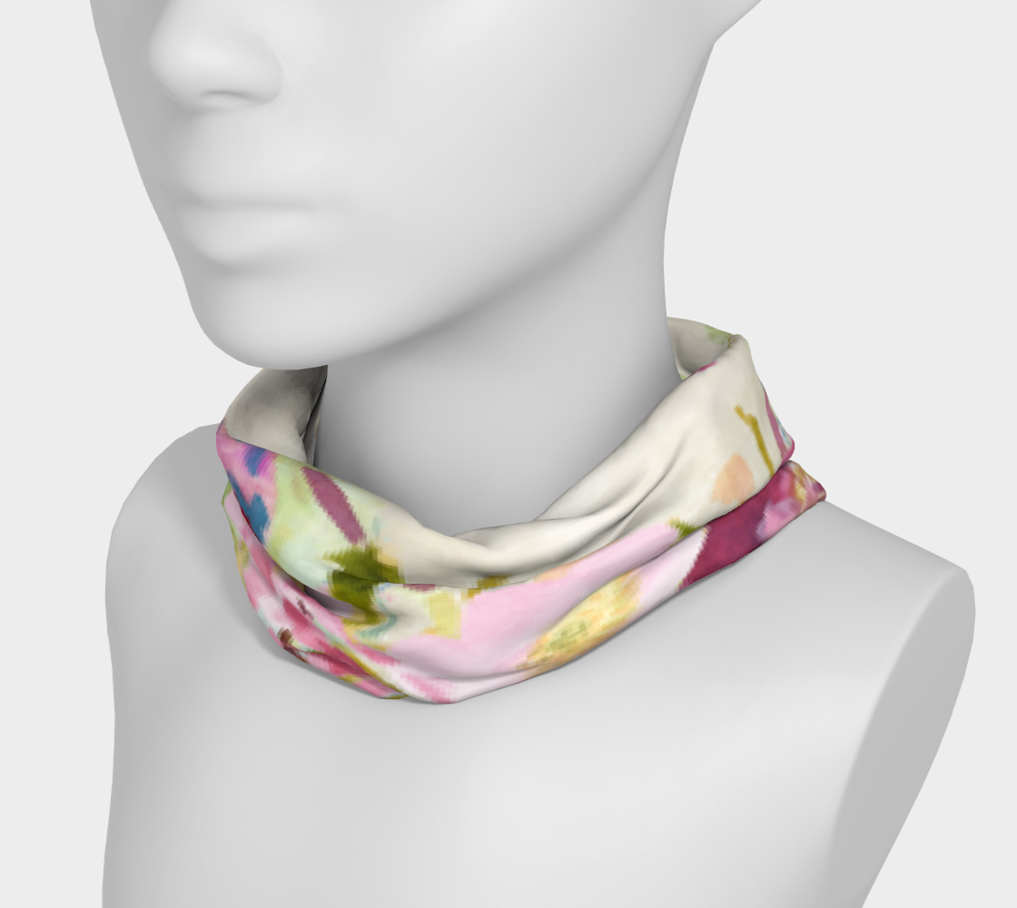 headband around the neck to show that it can be worn like a scarf. Hand painted pink and purple flowers with green leaves cover the entire headband