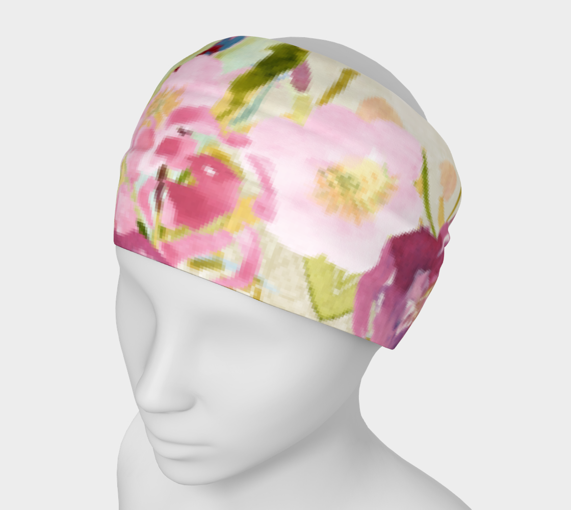 a wide headband on a white mannequin. Hand painted pink and purple flowers with green leaves cover the entire headband 