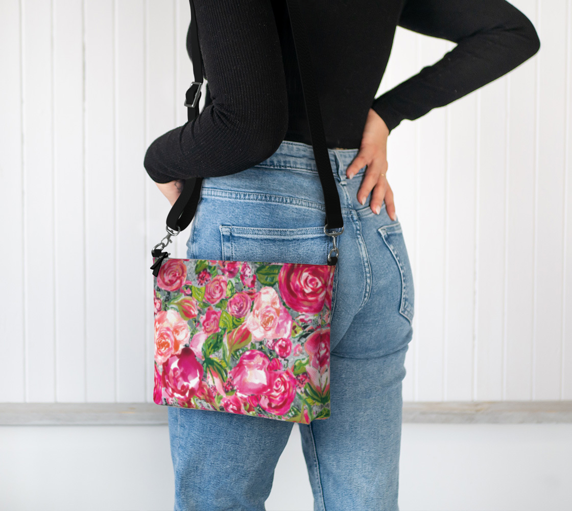 Crossbody Vegan Leather Purse - Love and Roses Black Strap