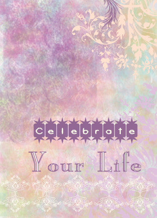 In an iridescent purlpe background, the words "Celebrate" appears as negative space within purple hand drawn lights and the words "Your Life" appears in a purple and white classic font.