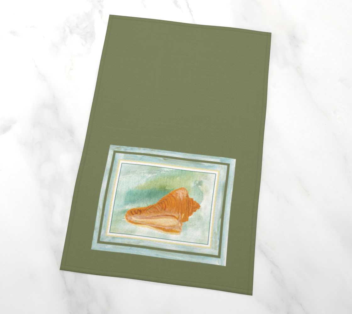 Ocean Conch Shell on Olive Tea Towel