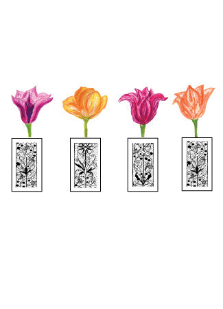 Card with white background. Four hand painted rectangular vases in black ink hold four hand painted tulips that are purple, yellow, pink, and orange