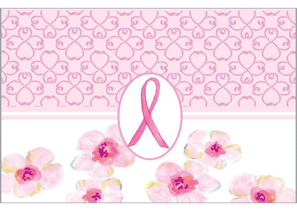 white back ground with pink rectangle on upper half of card with darker pink flower stencils. Pink Breast Cancer ribbon in a white oval center of card, hand painted pink flowers on lower half of card.