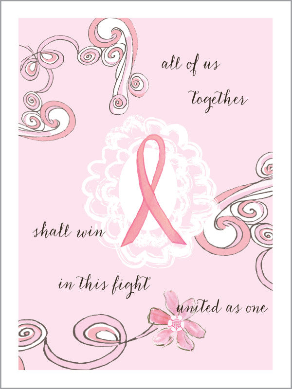 All Of Us Together Breast Cancer Support Card. Pink background with pink ribbons and swirly hand-drawn designs. With "All of us together shall win in this fight united as one" in text on front of card