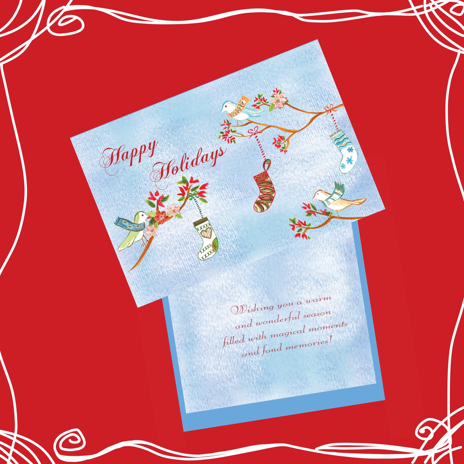 6 CARDS - Happy Holidays Birds with Stockings Hand-Glittered Cards - Dreams After All