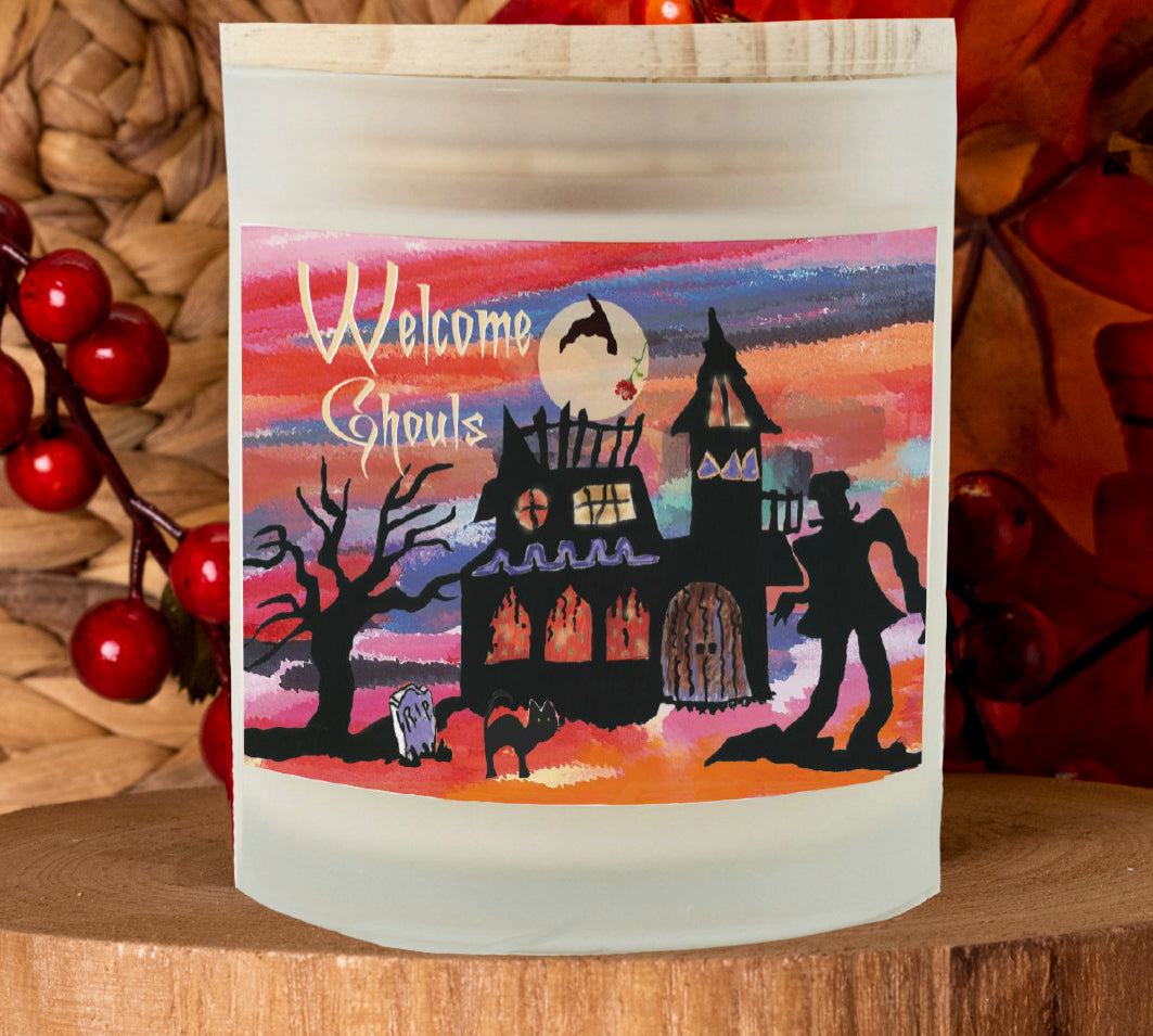 Haunted Spooky House Candle Frosted Glass (Hand Poured 11 oz)