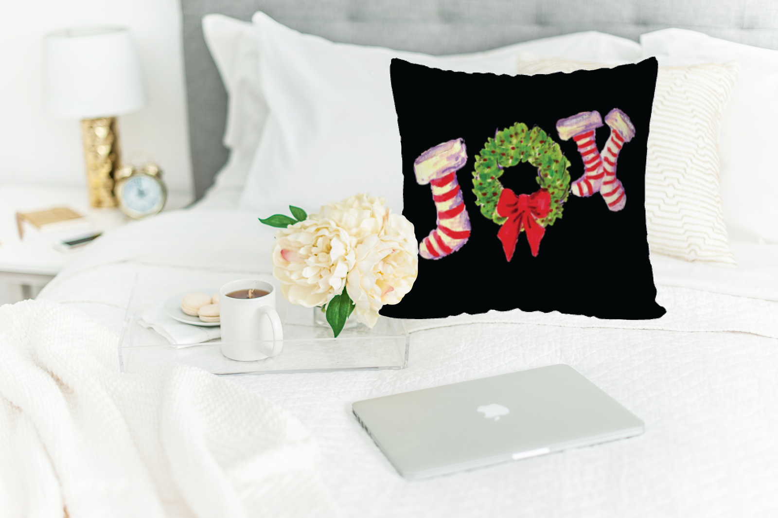 Joy Stockings 22" x 22" Black Pillow Cover / with Red Back