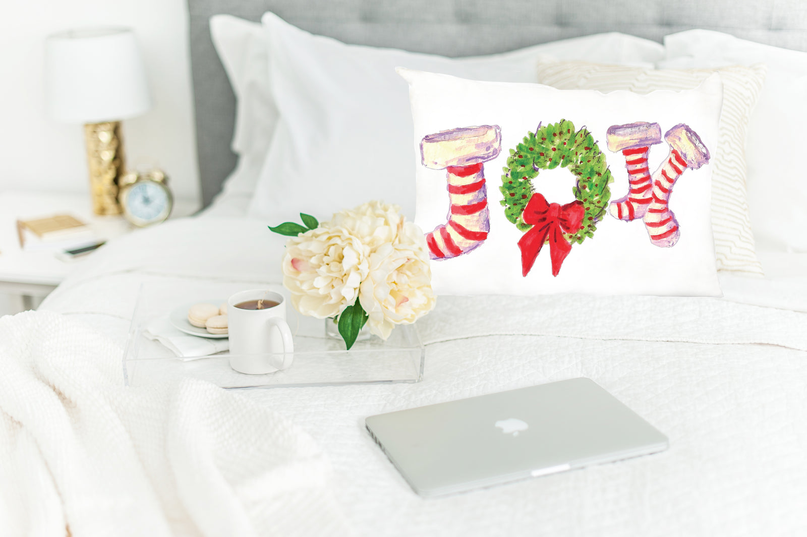 Joy Stockings White 20" x 14" Pillow Cover / witlh Red Back