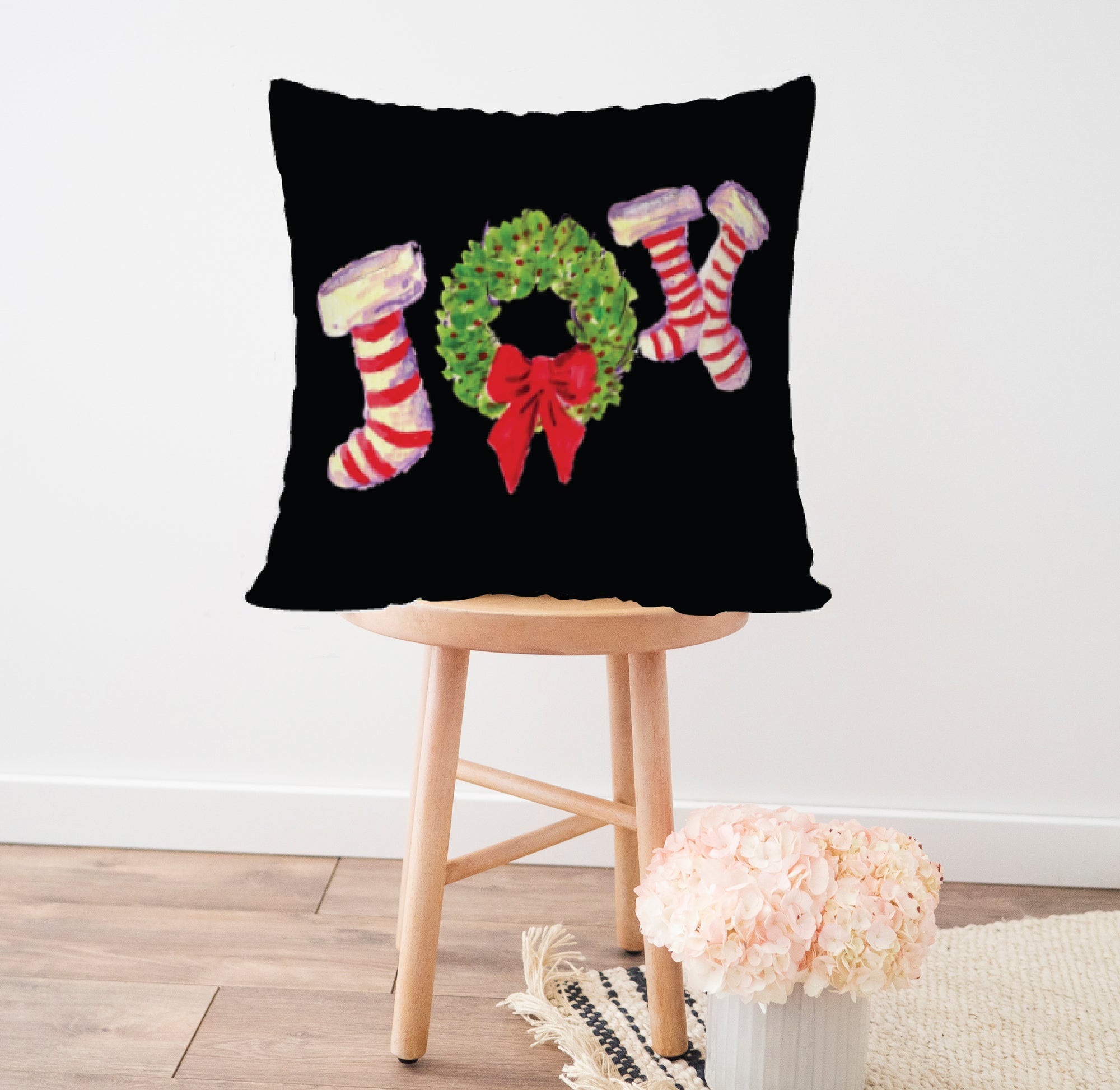 Joy Stockings 22" x 22" Black Pillow Cover / with Red Back