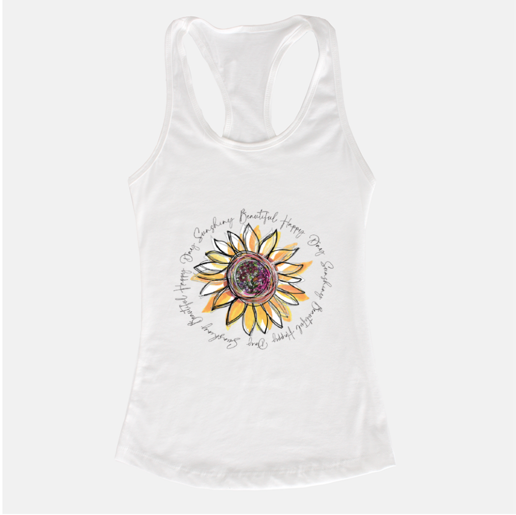 Sunflower Happy Day Inspire White Racerback Tank - Dreams After All