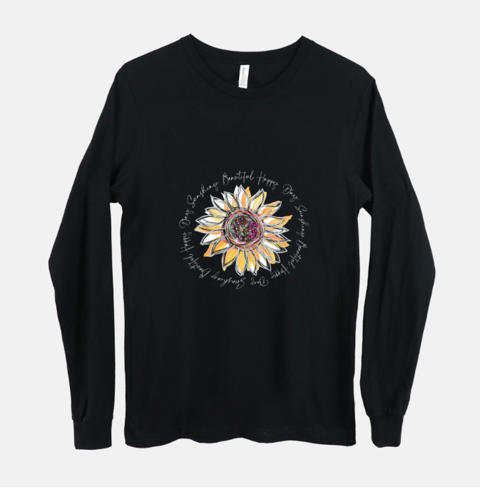 Sunflower Happy Day Inspiration Long Sleeved Black T-Shirt - Dreams After All