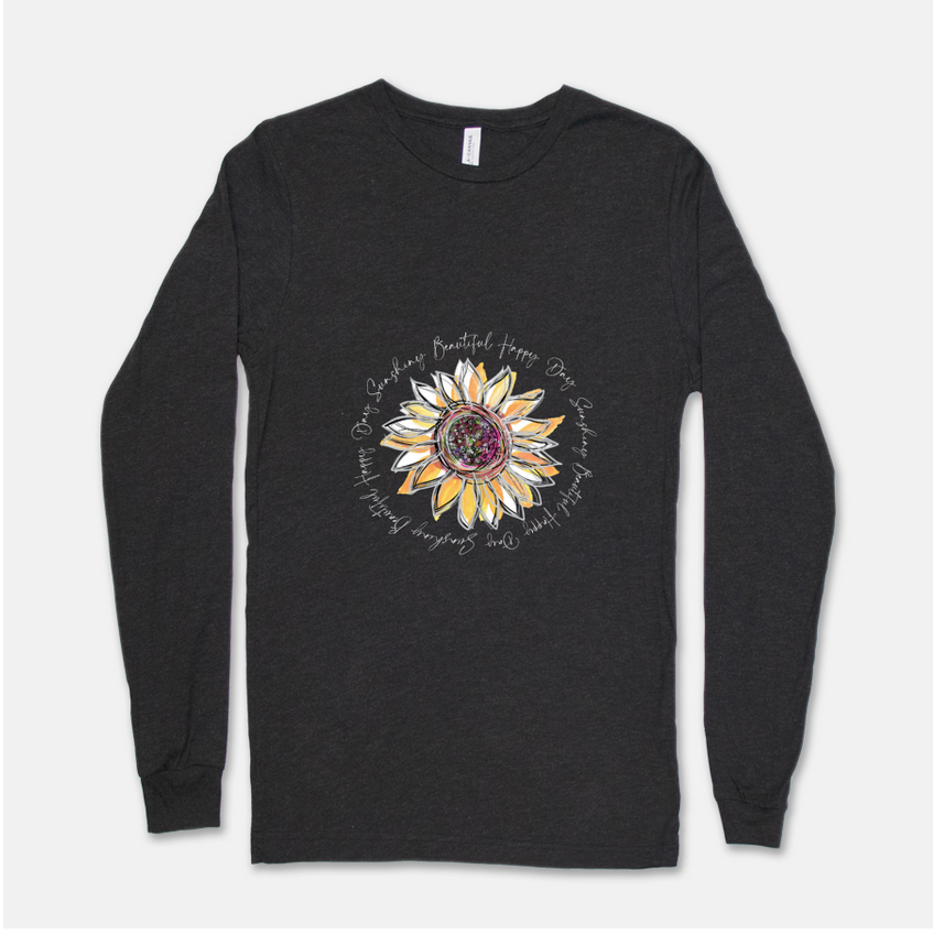 Sunflower Happy Day Inspiration Long Sleeved Dark Gray T-Shirt - Dreams After All