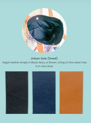 An Image displaying the options of tote bad liner in black, navy blue, or brown.