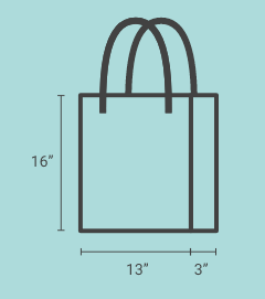 An wire frame image of the tote bag displaying the dimensions. 16 inches tall, 13 inches wide, and 3 inches deep