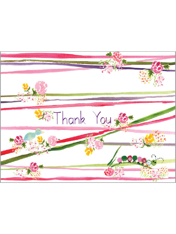 white background with with hand painted lines in pink, green, and brown. Hand painted flowers and a catepillar hand on the lines. Thank you appears in the center of the card in a thin brown font