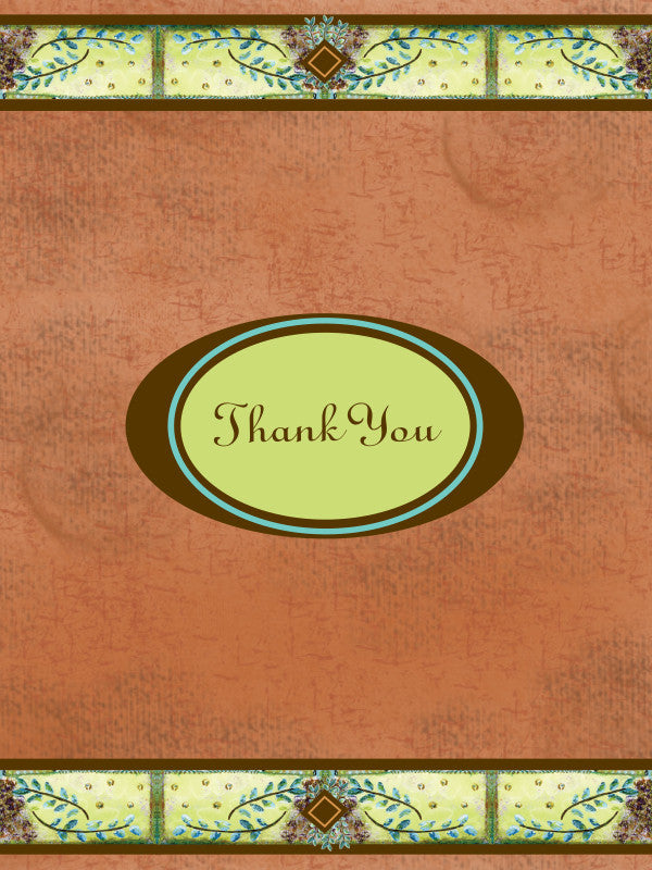 brown textured background with green bands at the top and the bottom of the card. The bands contain hand painted ivy in a darker green with dots and a brown diamond. In the center of the card is concentric ovals in green, brown, teal, and a larger more oblong oval in brown. Thank you appears in a brown script font
