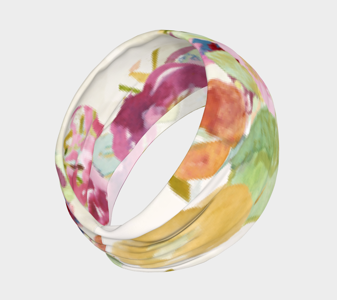 a wide headband on a white mannequin. Hand painted pink and purple flowers with green leaves cover the entire headband 